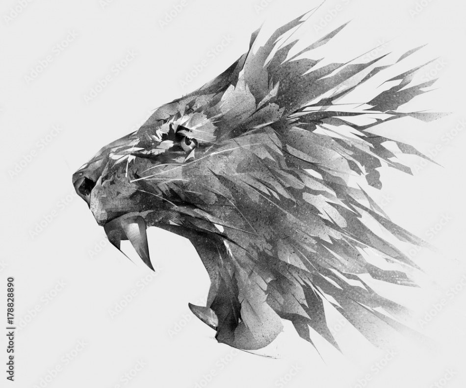 monochrome isolated stylized drawing of lion face side view Stock