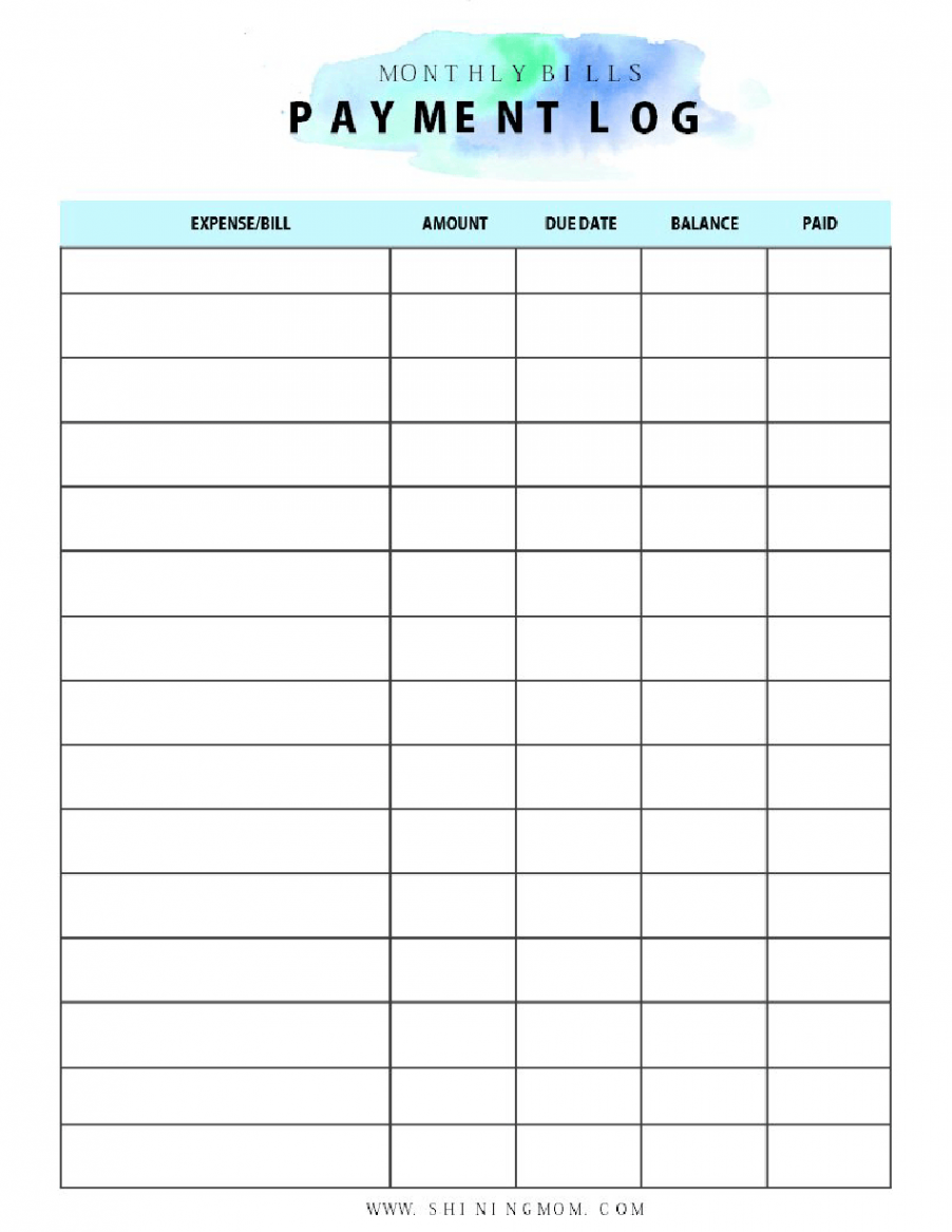 Monthly Bills Payment Log Template Download Printable Pdf With