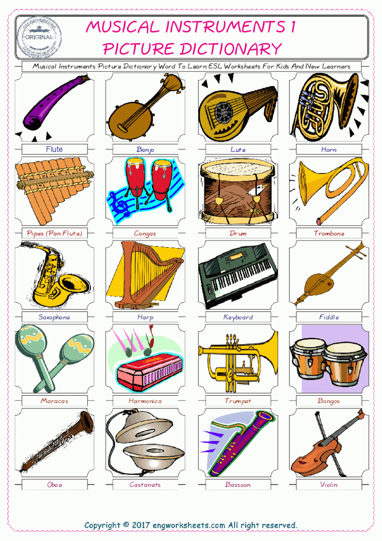 Musical Instruments English ESL Vocabulary Worksheets - -