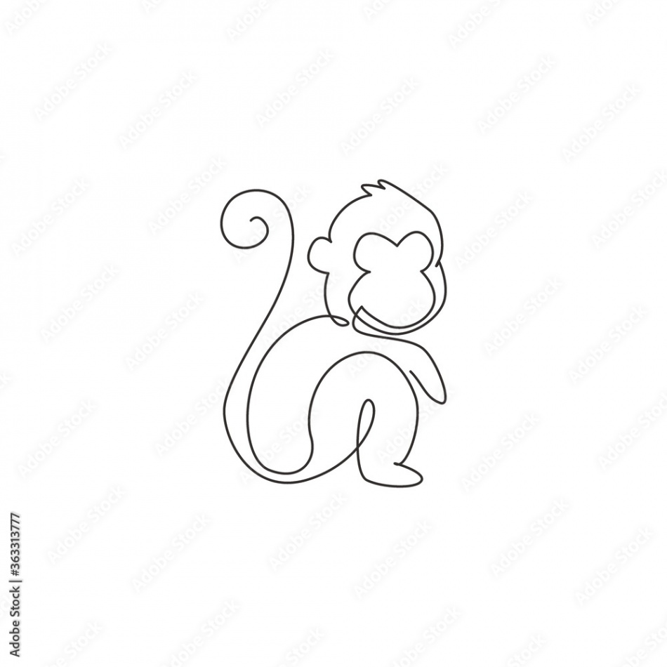 One continuous line drawing of cute sitting monkey for