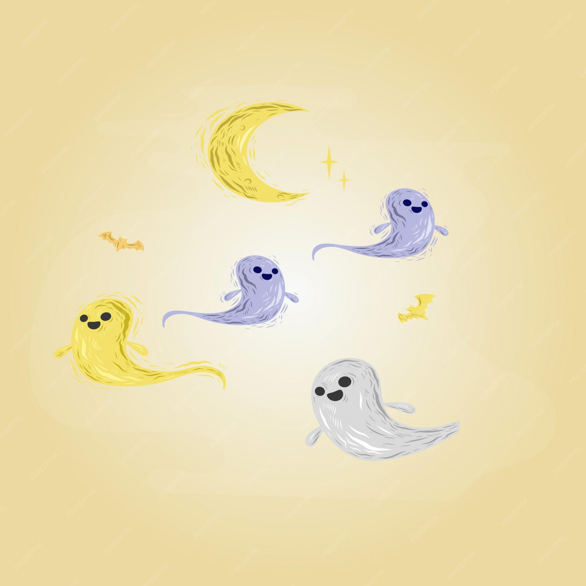 Premium Vector  A drawing of a moon and ghosts with a yellow