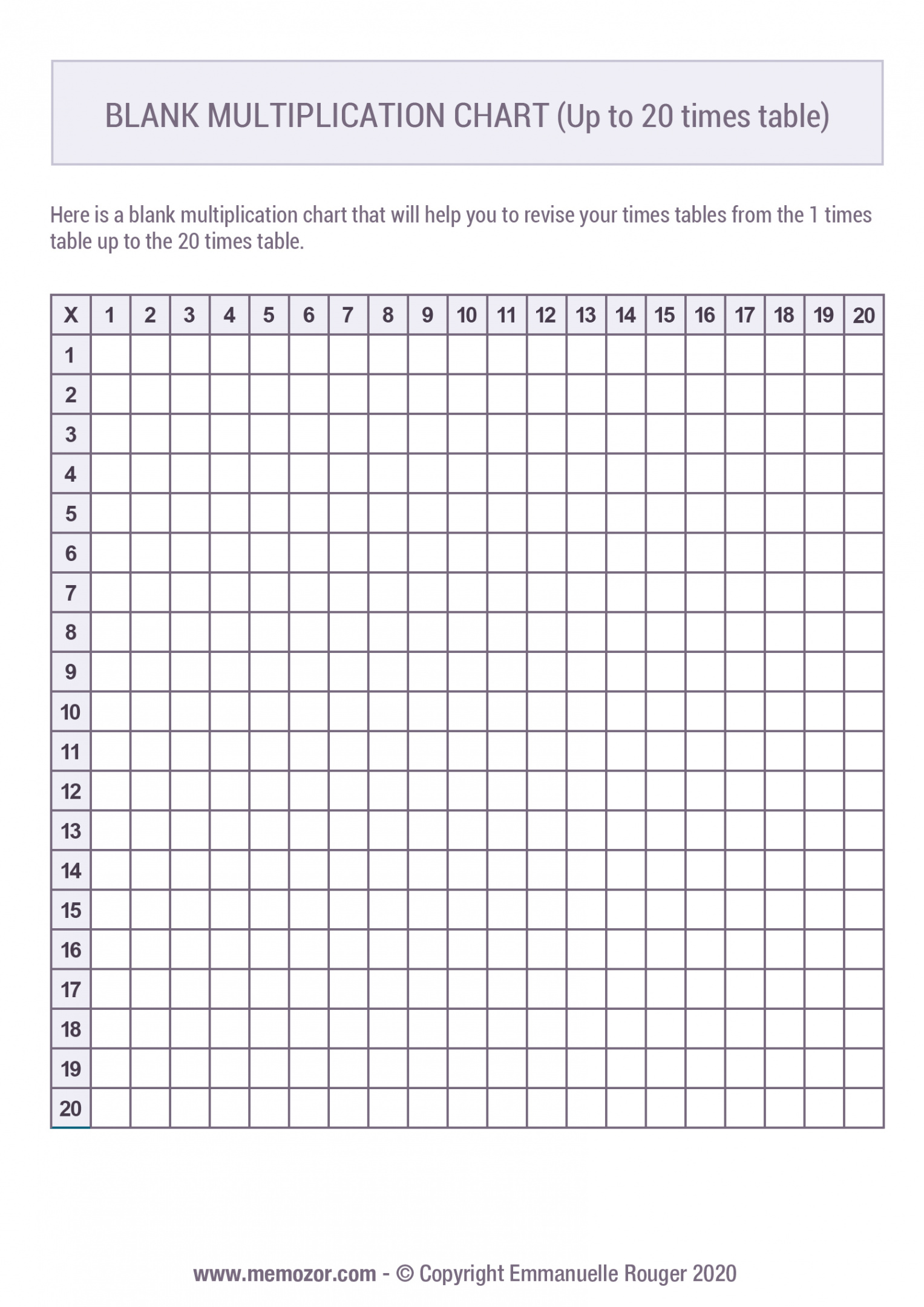 Printable Blank multiplication Chart (-) Free  Memozor