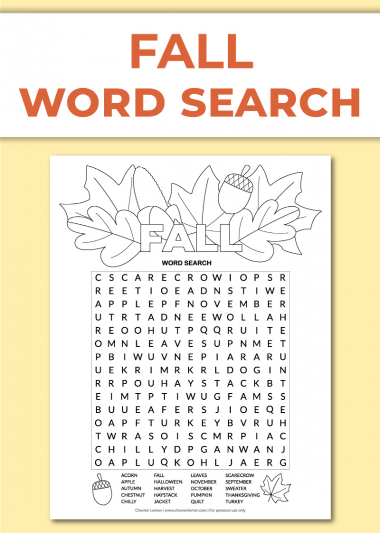 Printable fall word search - Chevron Lemon