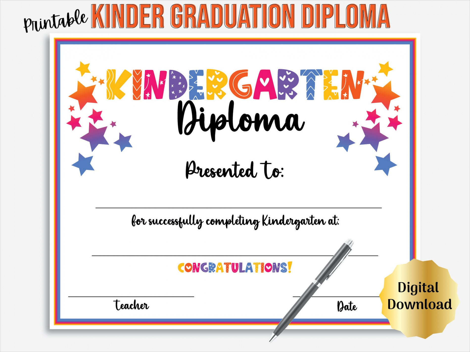 Printable Kindergarten Graduation Diploma Certificate Kinder - Etsy