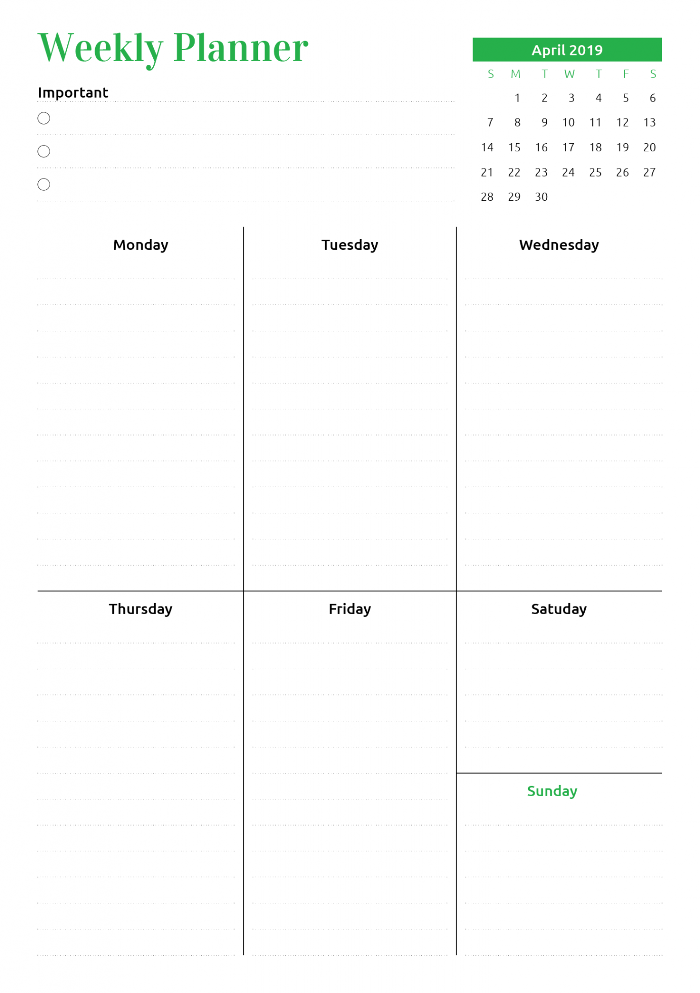 Printable Week at a Glance planner with calendar PDF Download