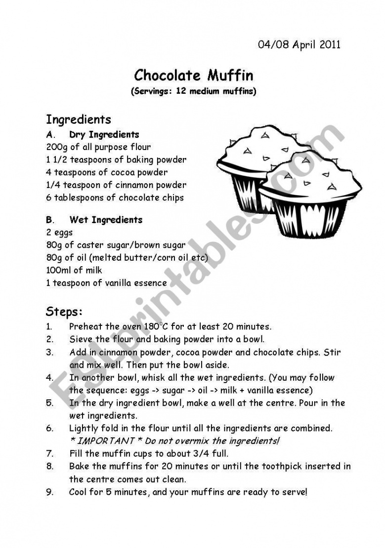 Recipe - Chocolate Muffin - ESL worksheet by vannice