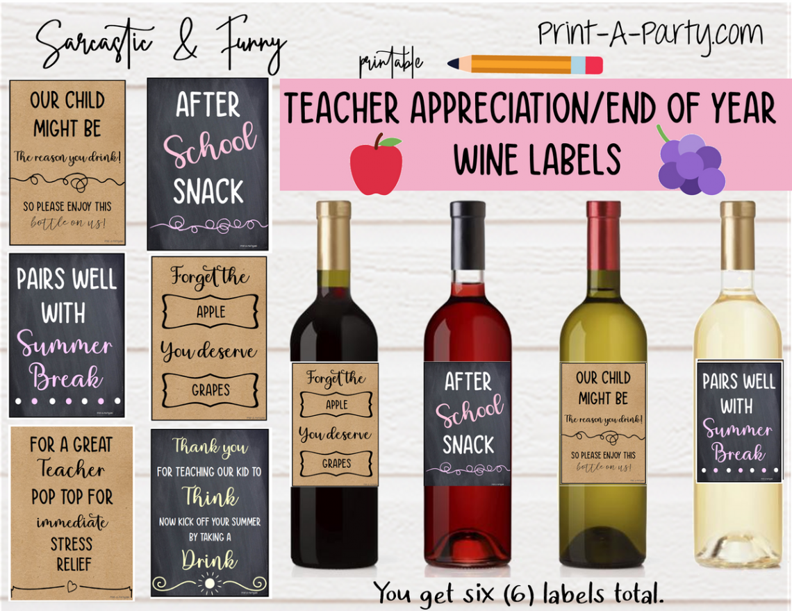 Sarcastic Teacher Wine Labels - Great gift idea - INSTANT DOWNLOAD