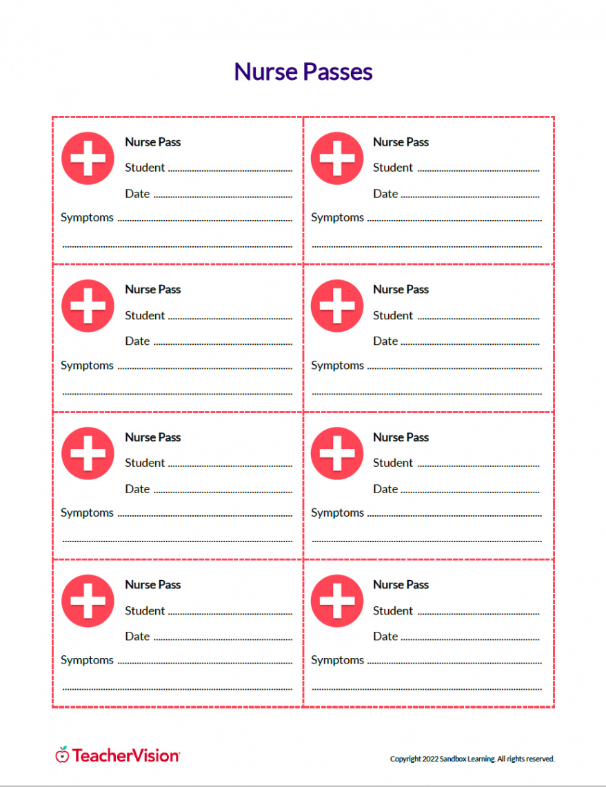 School Nurse Passes for Students - TeacherVision