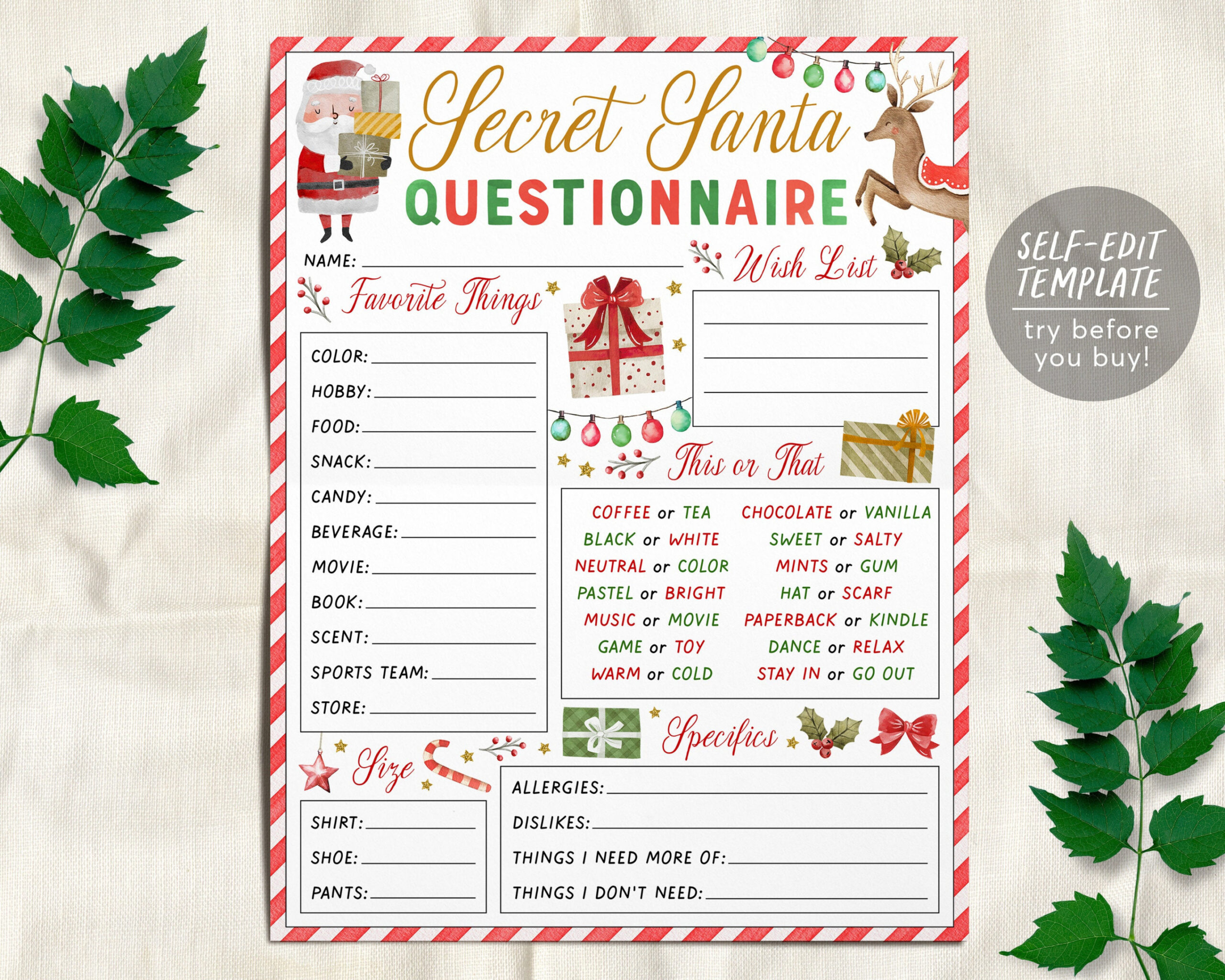 Secret Santa Gift Exchange Questionnaire Editable Template, Holiday  Christmas Form Present Swap Wishlist Printable, Office Santa Party Games