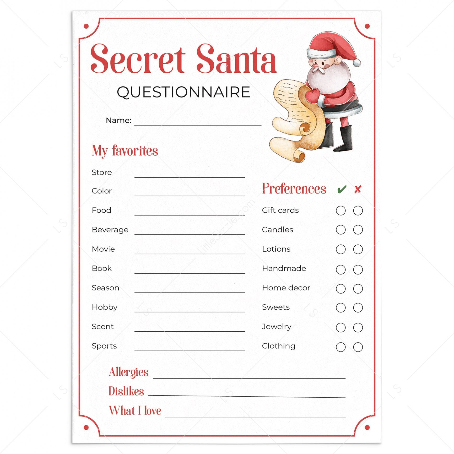 Secret Santa Questionnaire for Gift Exchange Printable – LittleSizzle