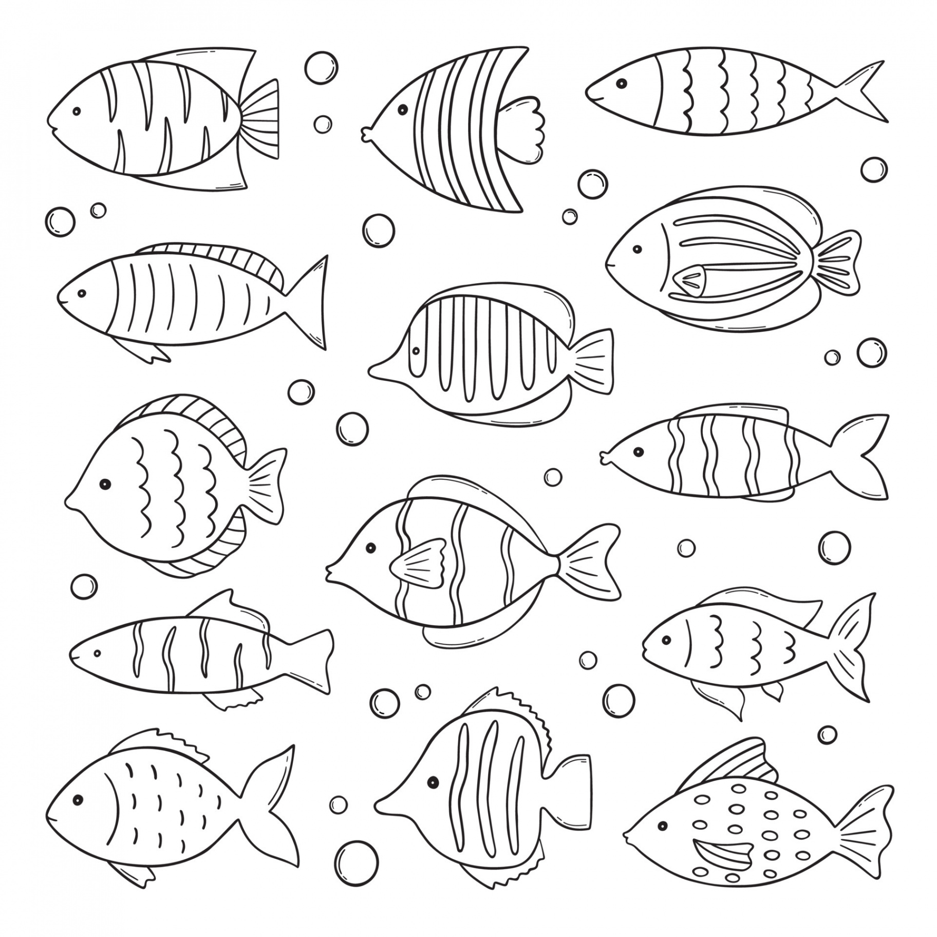 Set of cute sea fish doodle
