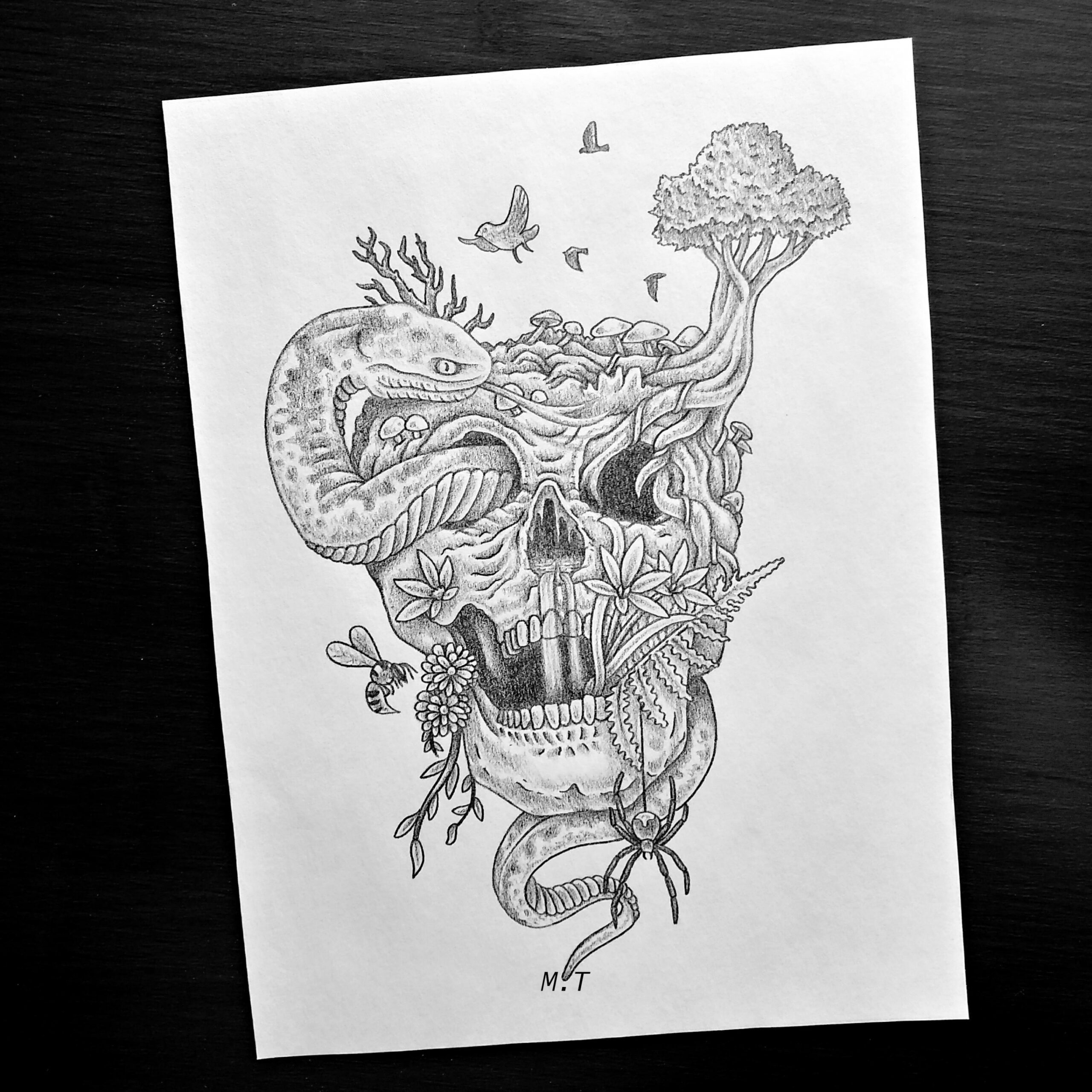 Skull Reclaimed by Nature tattoo design I made : r/drawing