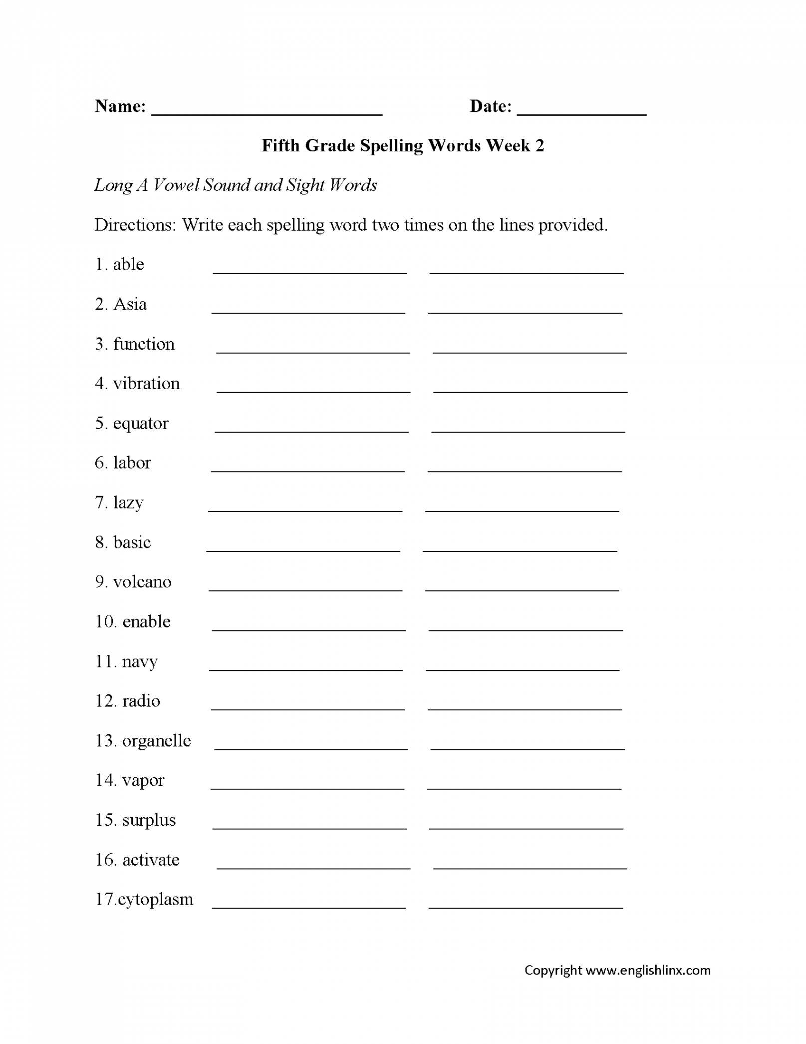 Spelling Worksheets  Fifth Grade Spelling Worksheets