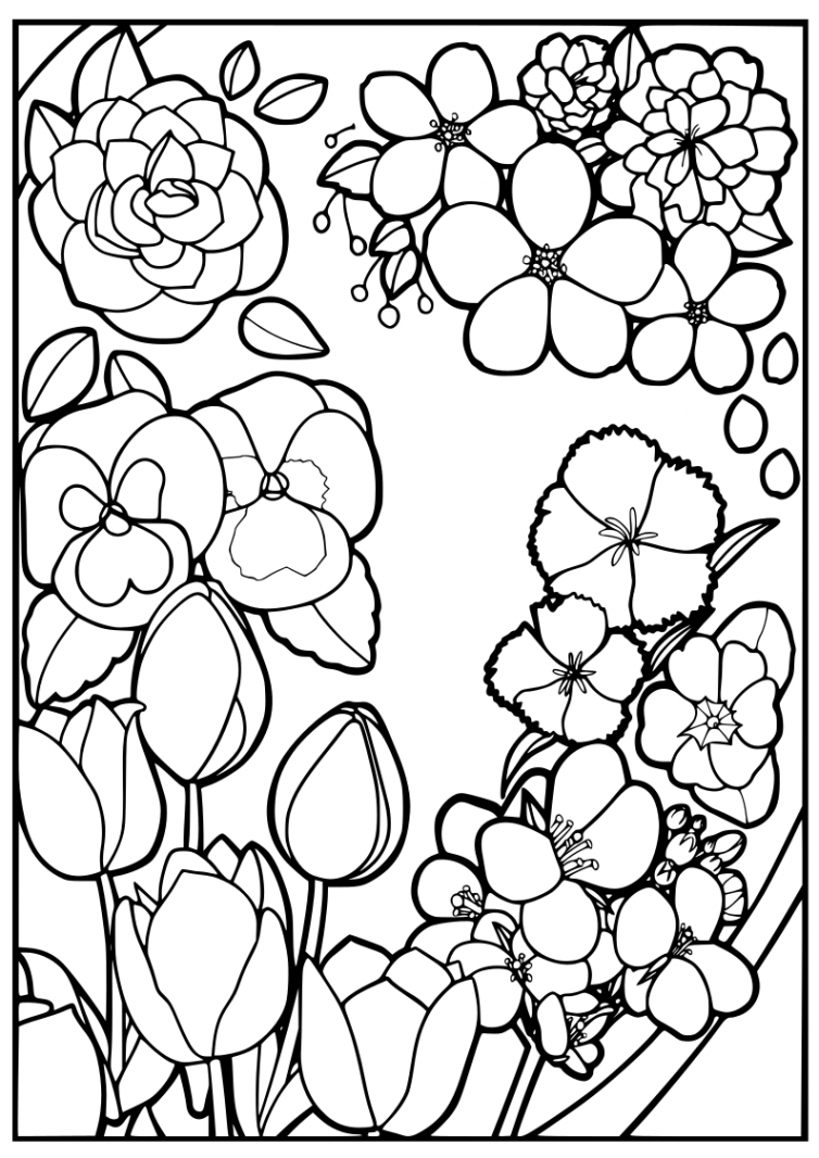 Spring Flowers drawing for coloring page Free Printable! Nurieworld