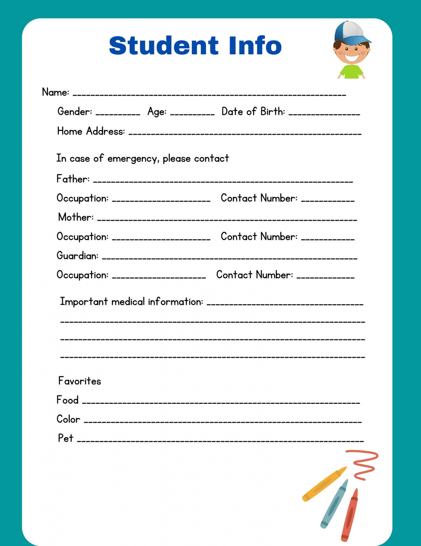 Student Info Sheet Boy Information Sheet Elementary - Etsy