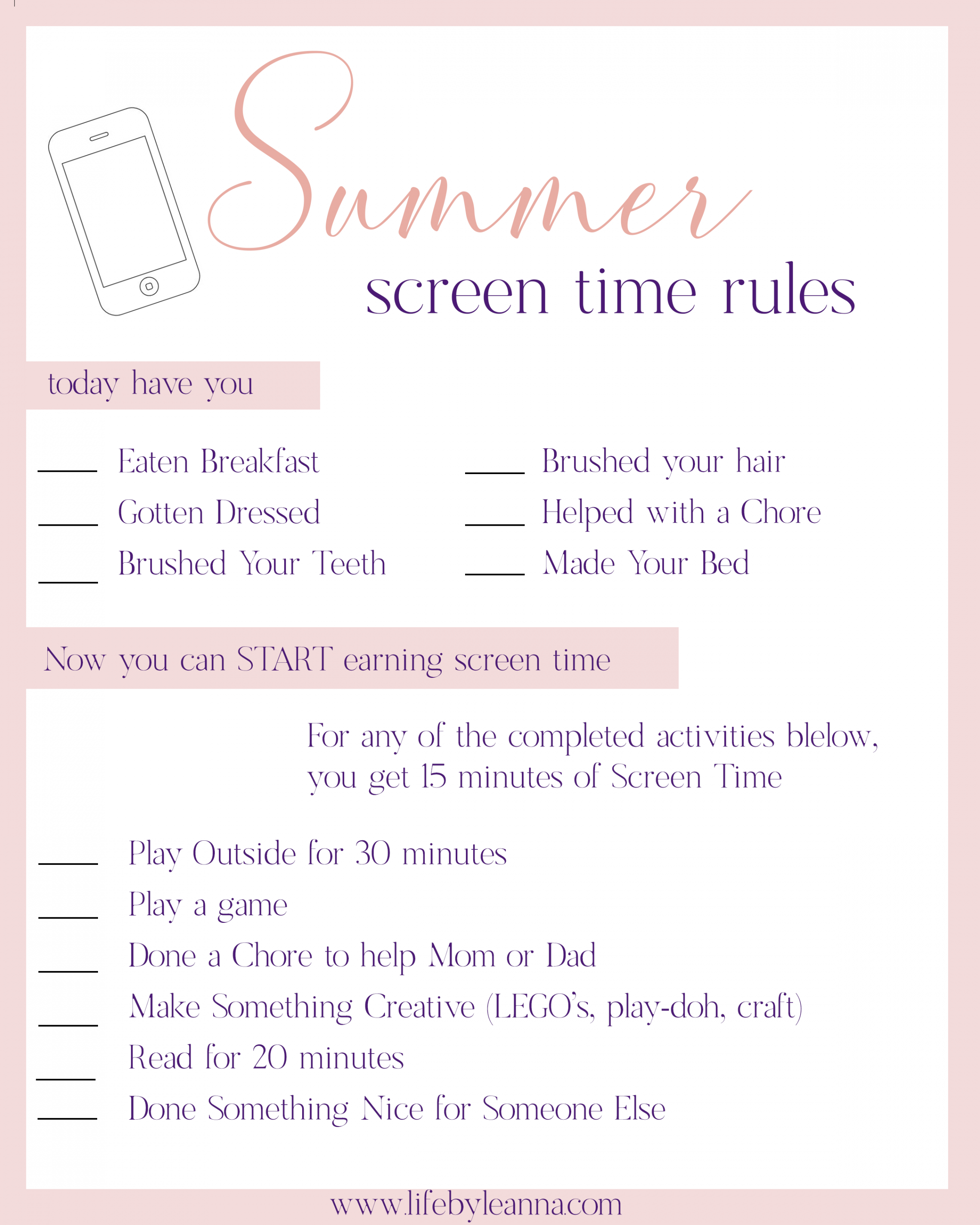 Summer Screen Time Rules Checklist -