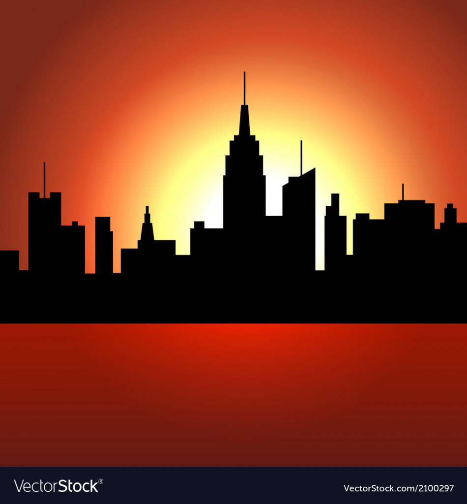 Sunset over city skyscrappers silhouette Vector Image