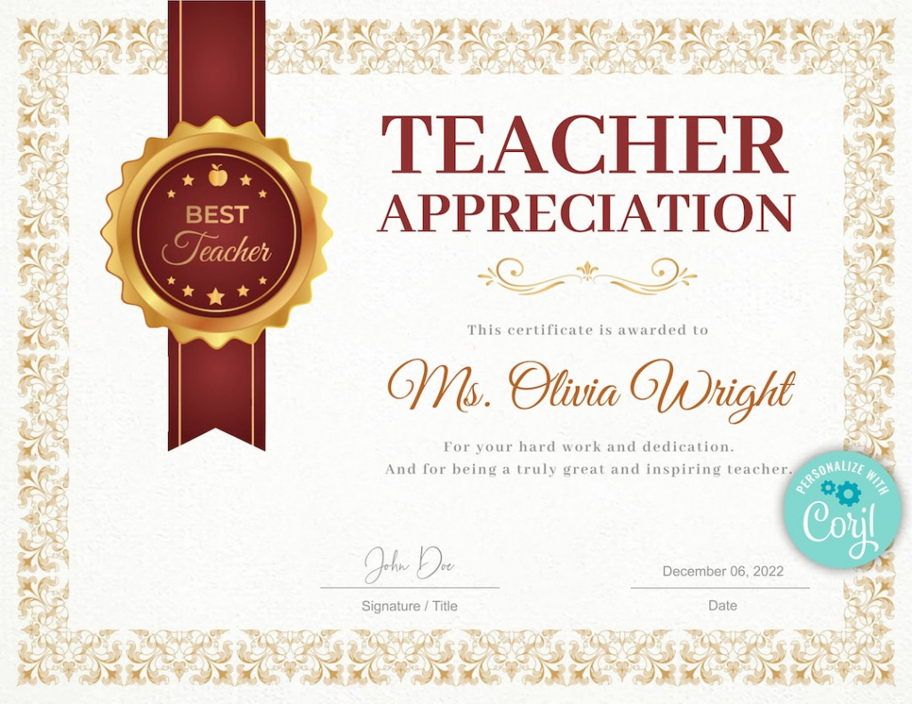 Teacher Appreciation Award Certificate Template Teacher Gift - Etsy