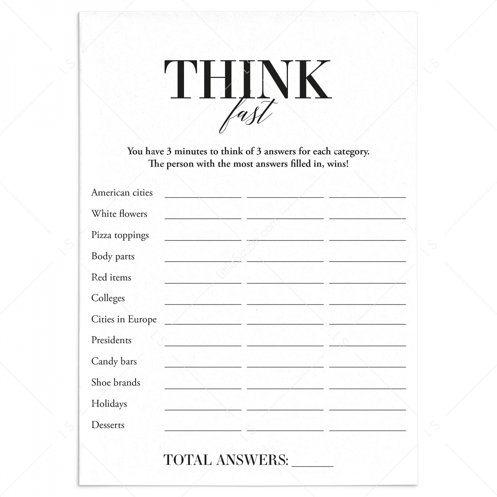 Think Fast Icebreaker Game Printable  Instant Download – LittleSizzle