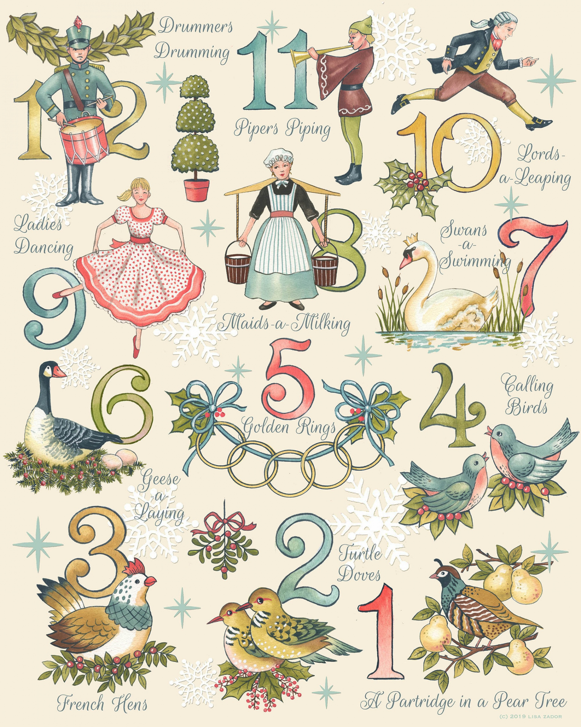 Twelve Days of Christmas Print,  Tage, Rebhuhn, Turteltauben