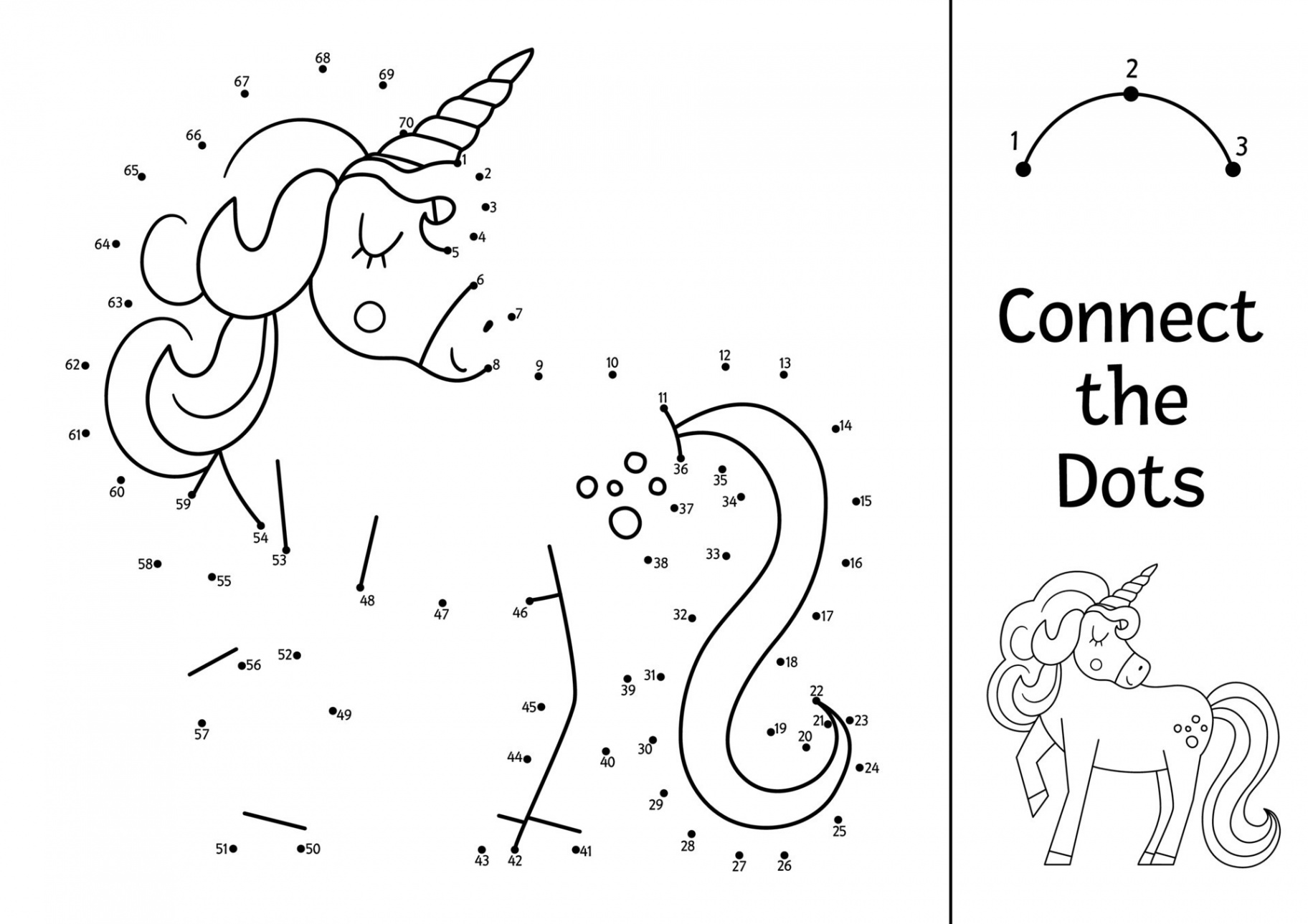 Vector dot-to-dot and color activity with cute unicorn