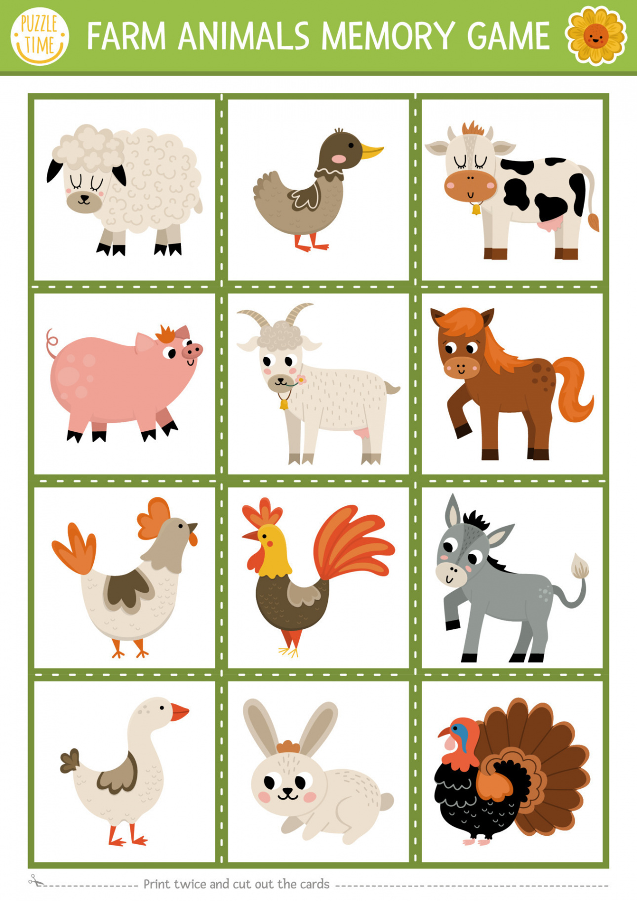 Vector farm animals and birds memory game cards with cute cow, hen