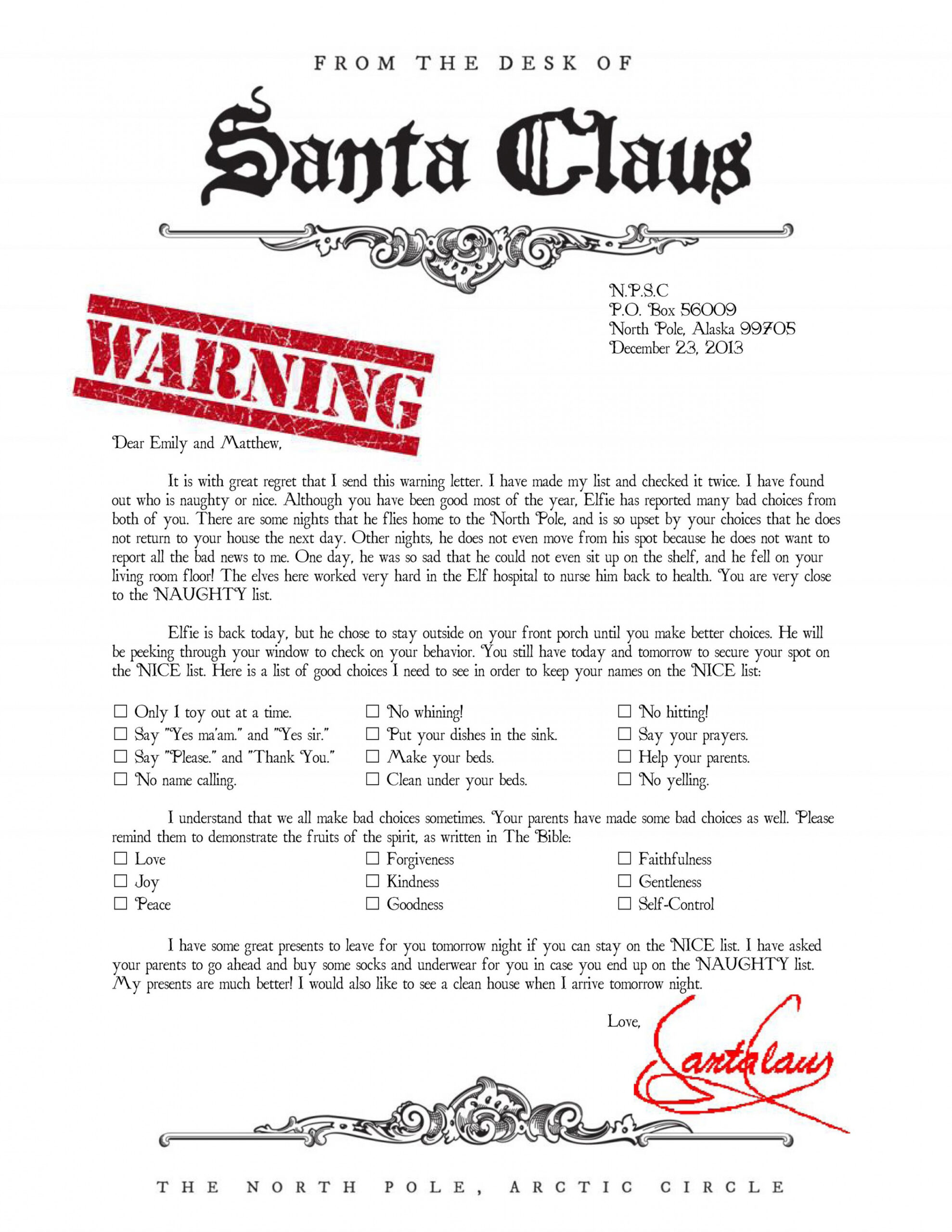 Warning letter from Santa Naught list  Santa letter template