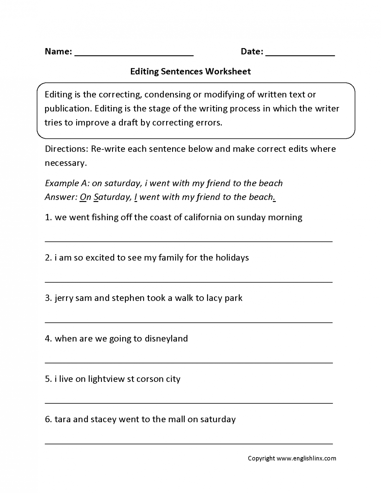 Writing Worksheets  Editing Worksheets