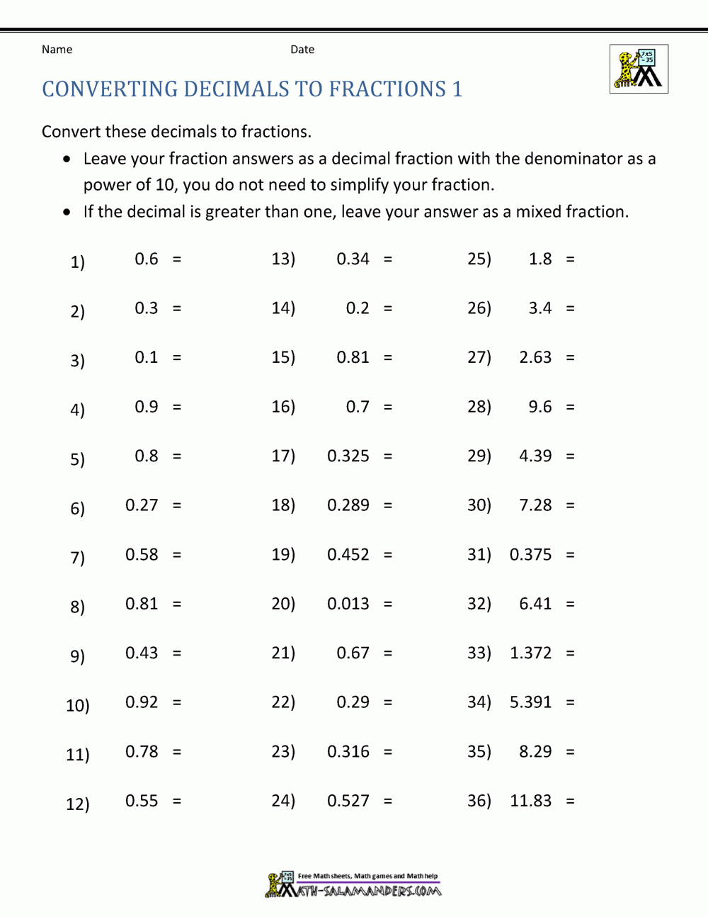 Save 60 Fractions To Decimals Worksheets Ideas 43