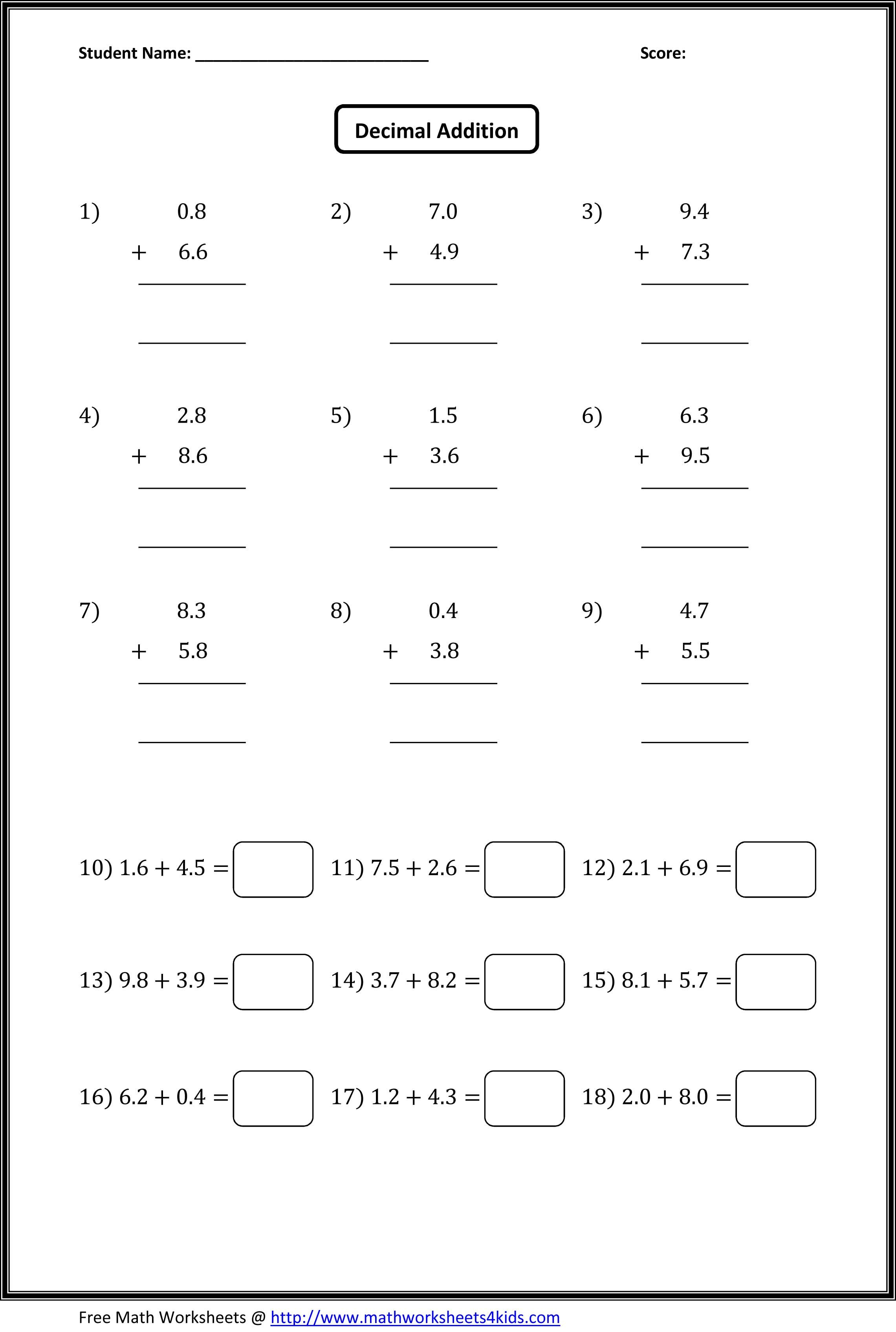 20 Decimal Worksheets 4Th Grade Free