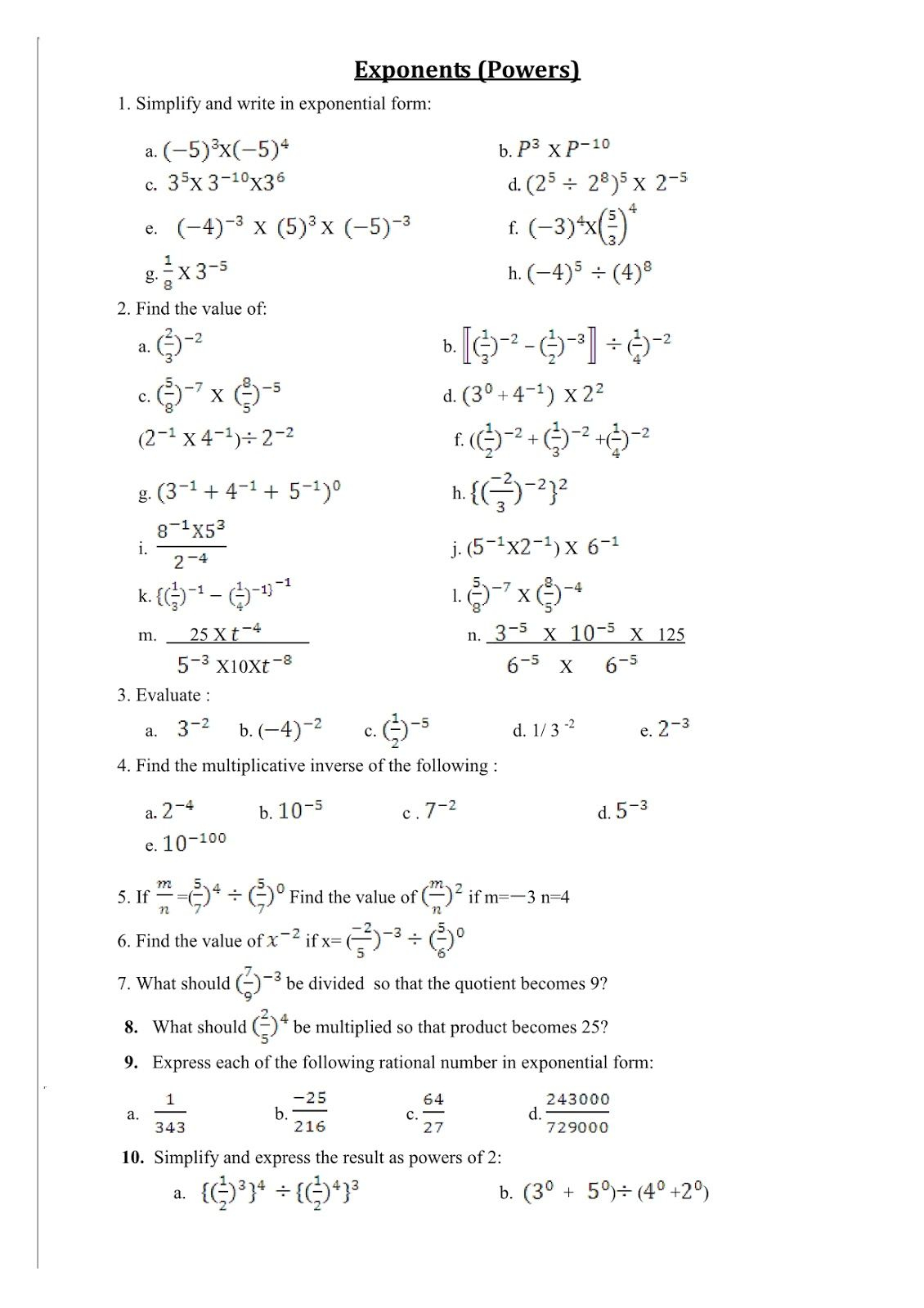 20 Exponents Simplify Worksheet Pdf