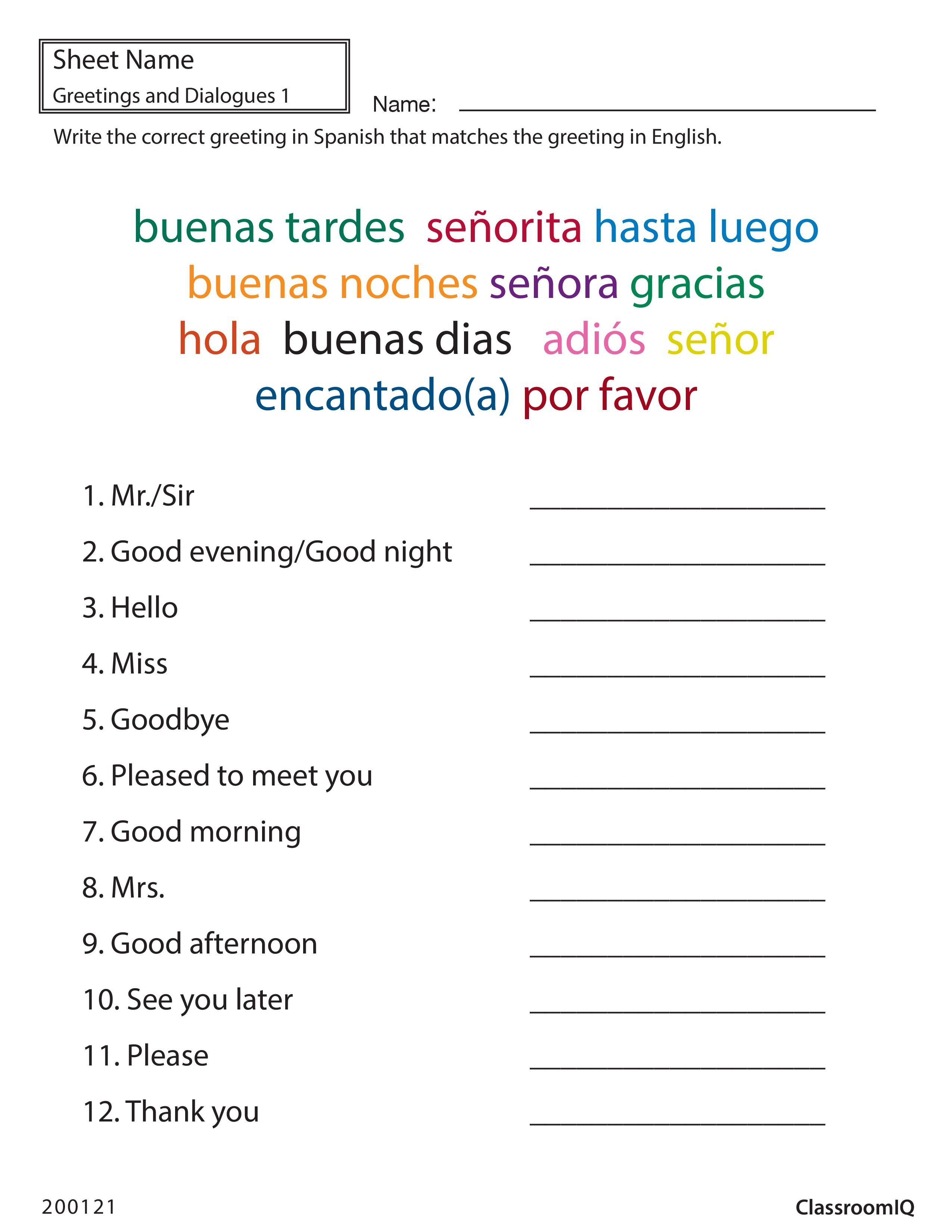 20 Printable Spanish Worksheets Pdf