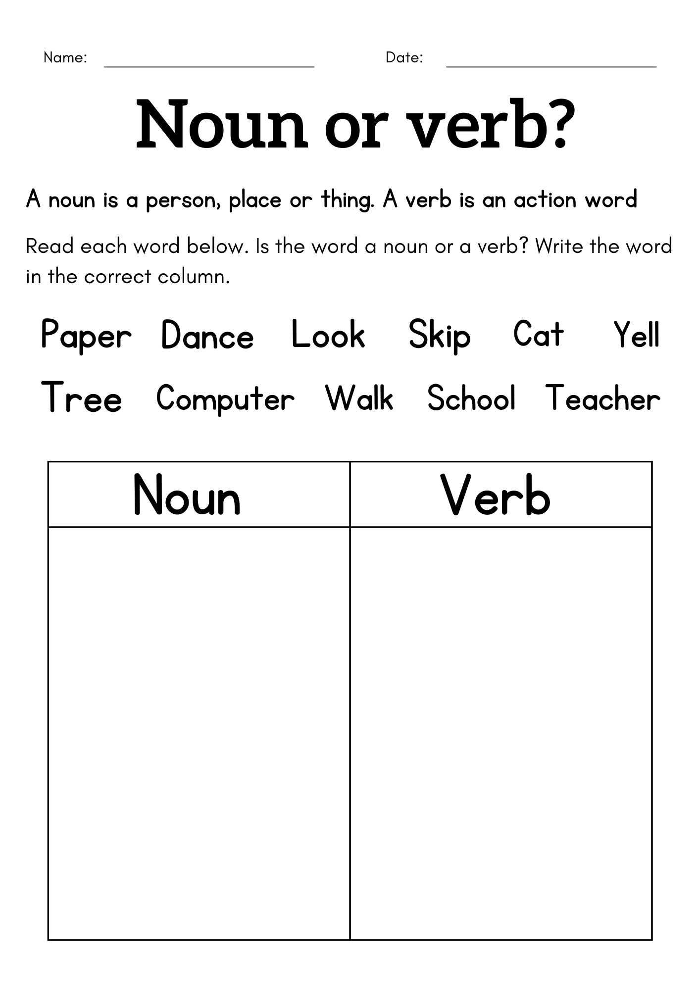 30 Noun Verb Worksheet Free