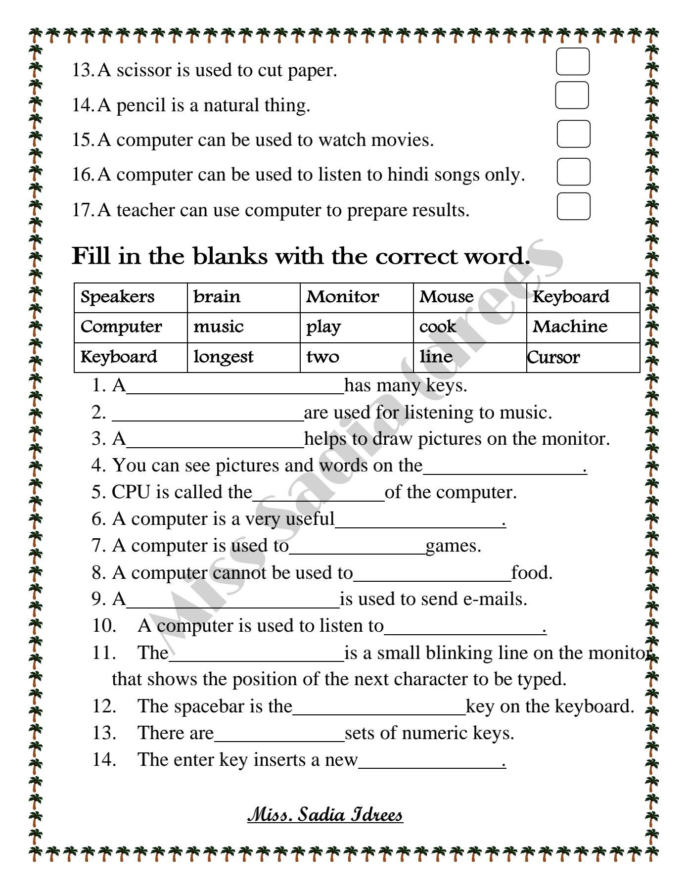 30 1St Grade Worksheets Computer