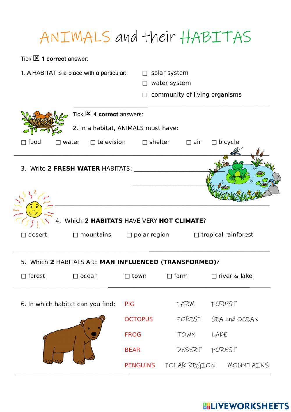 30 Animals And Their Habitats Worksheets Kindergarten