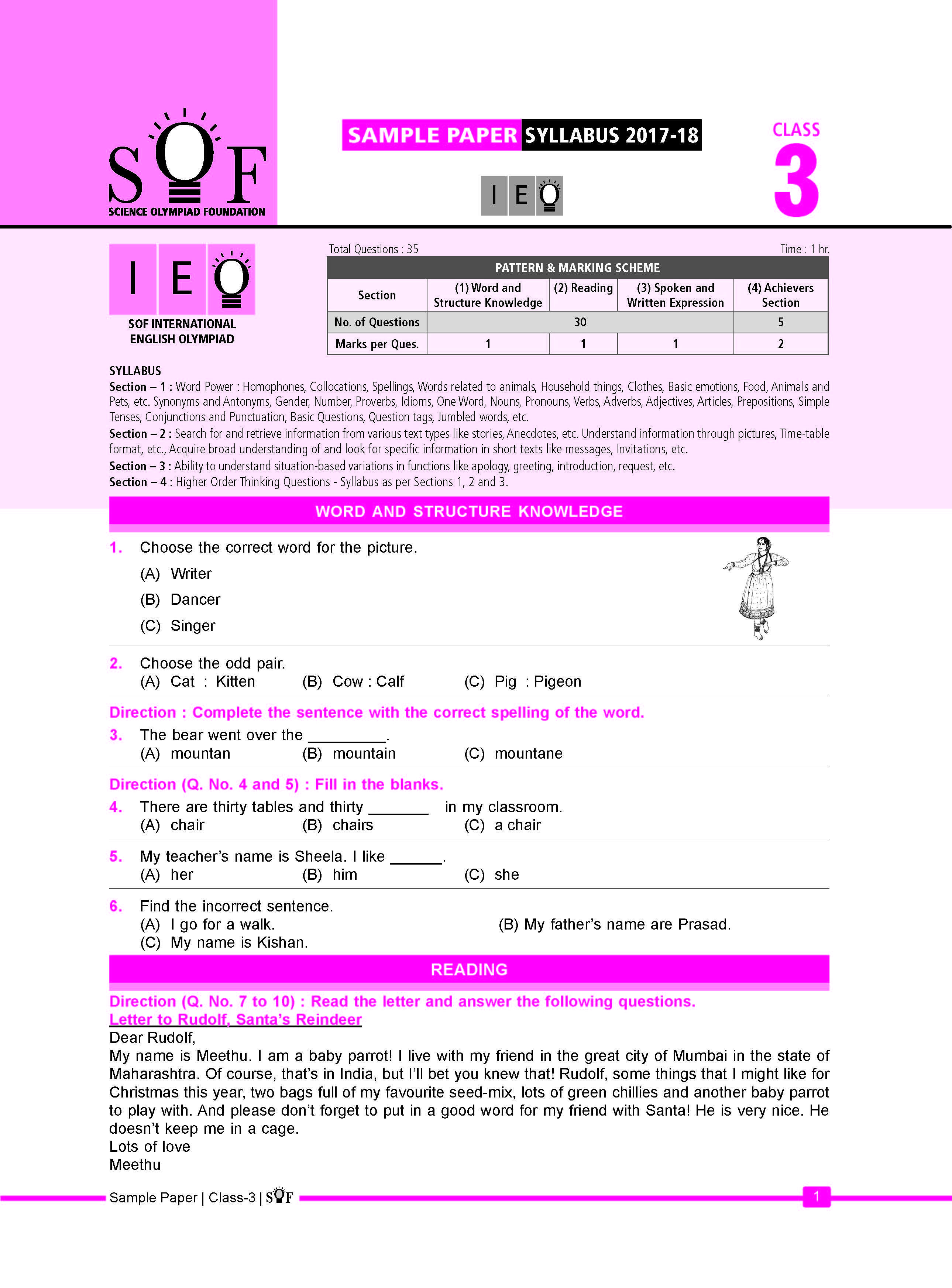 30 English Olympiad Worksheets Grade 1