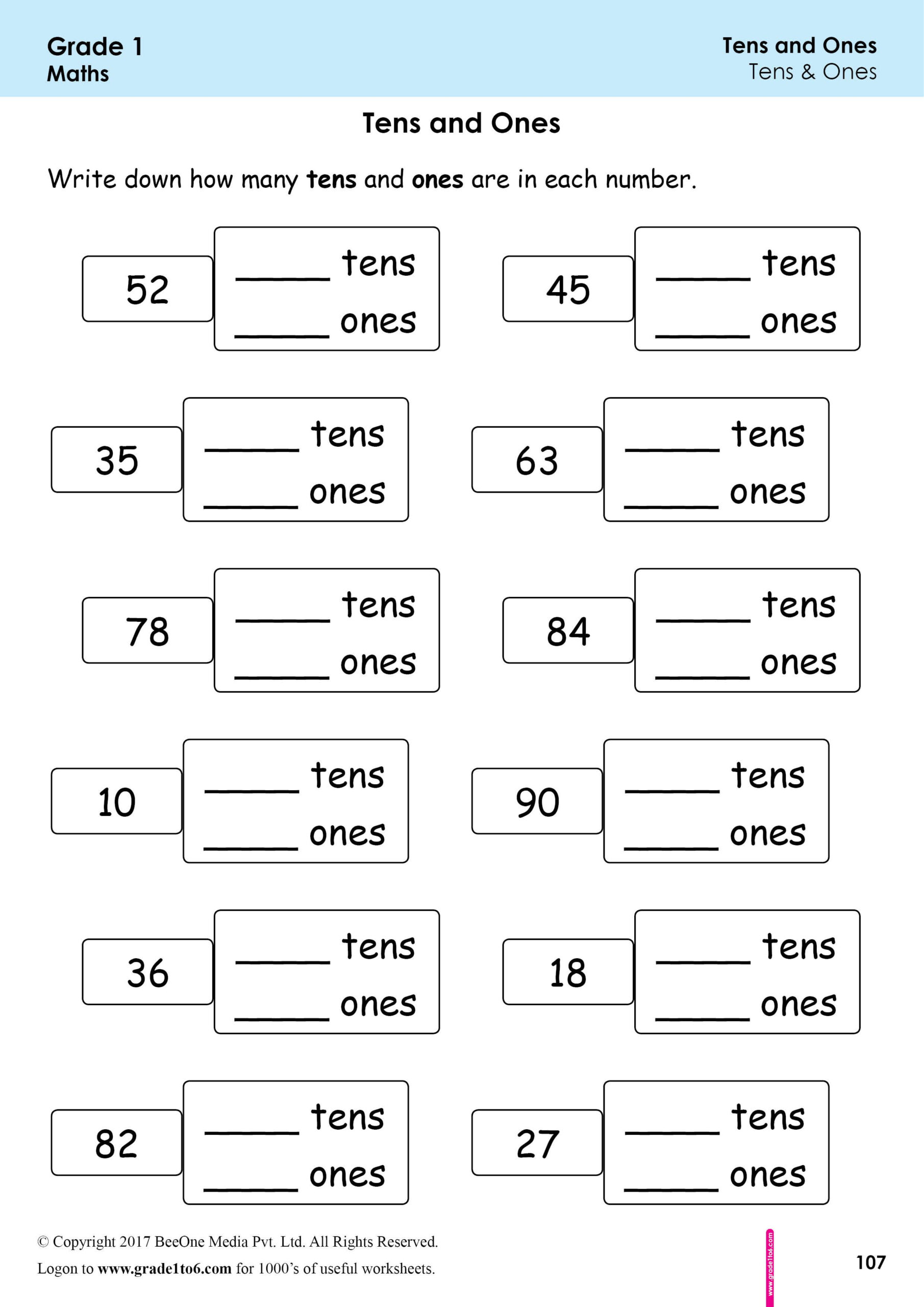 30 Grade 1 Math Worksheets Tens And Ones