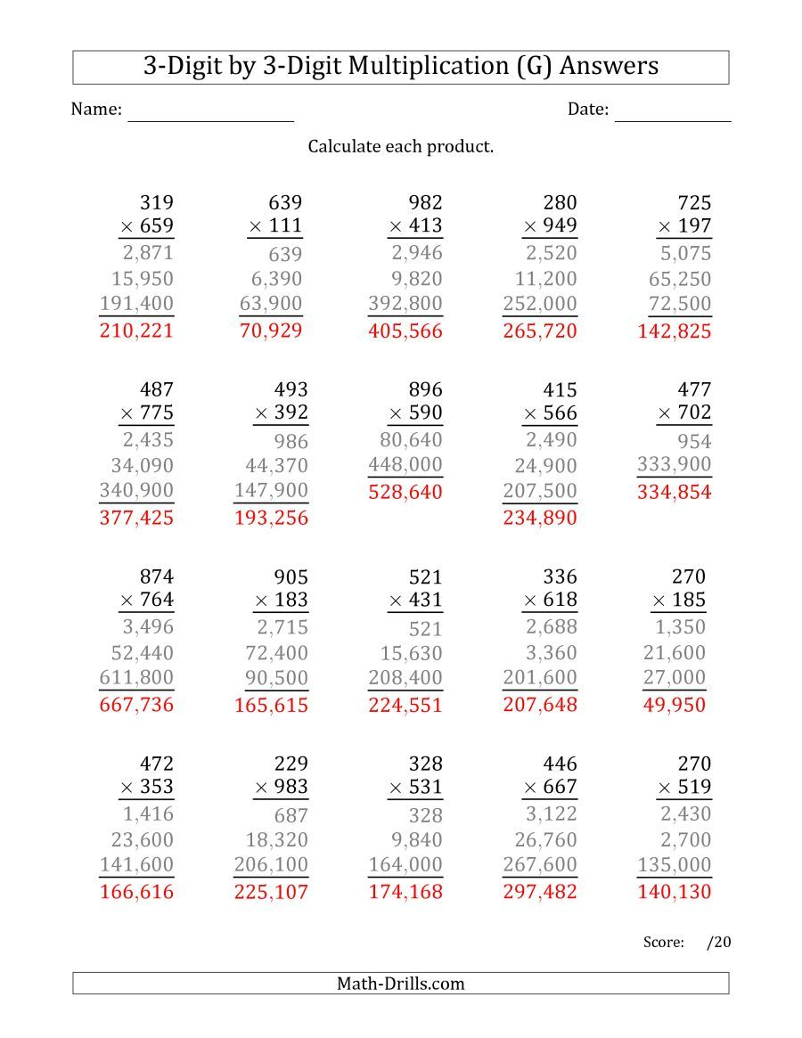 30 Math Multiplication Worksheets 3 Digit