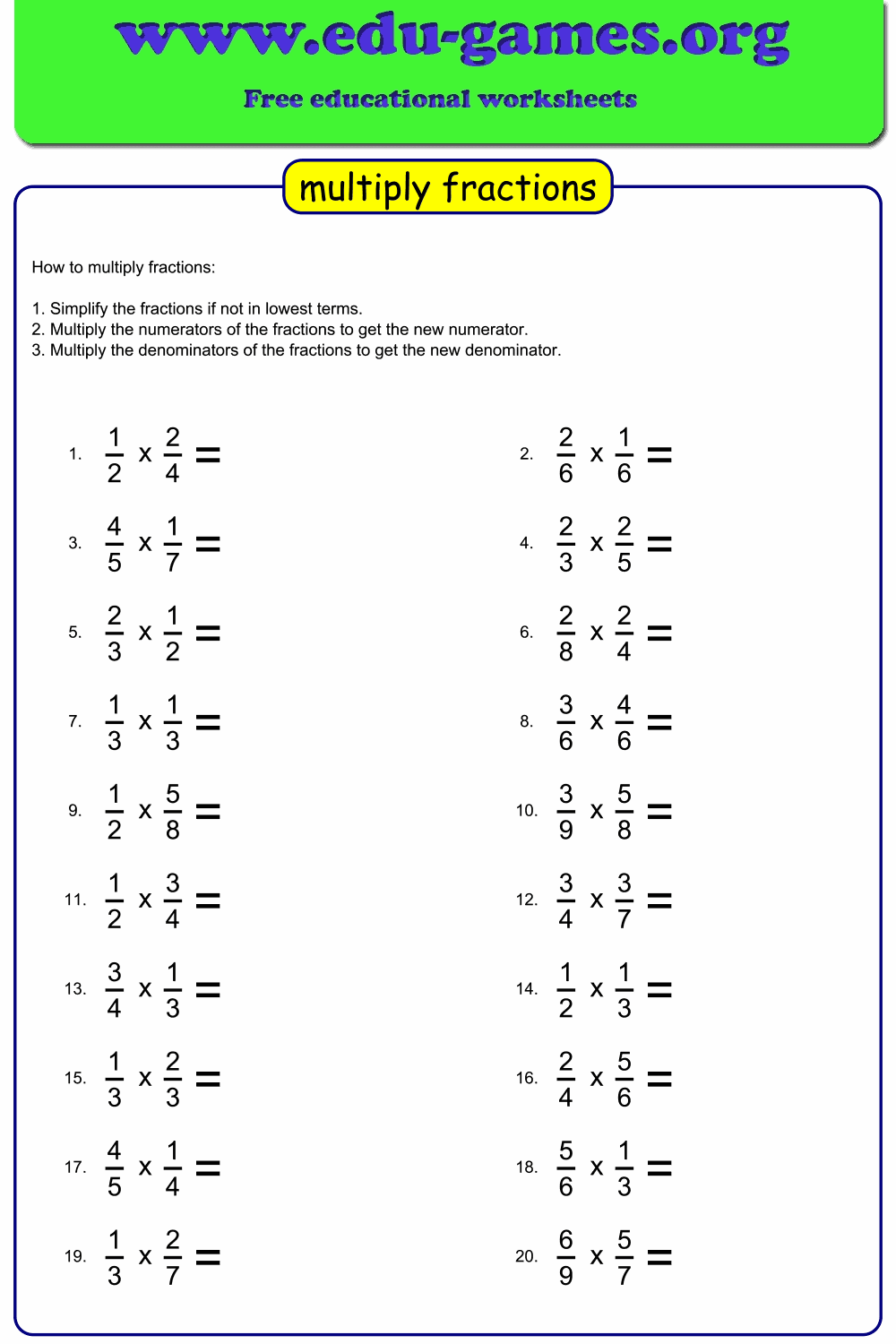 30 Multiplication Of Fractions Worksheets