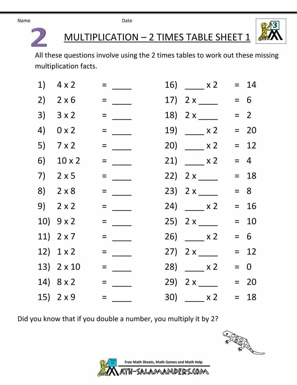 30 Multiplication Worksheets 2 Times Table