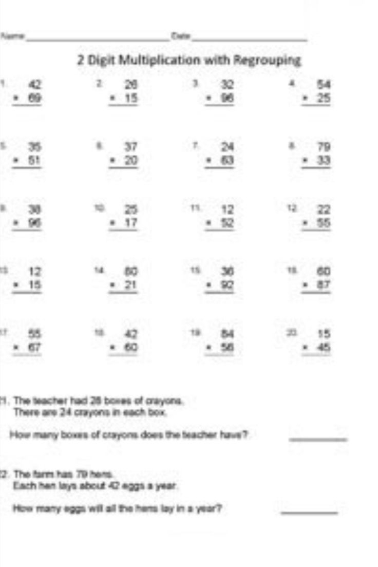 30 Multiplication Worksheets Without Regrouping