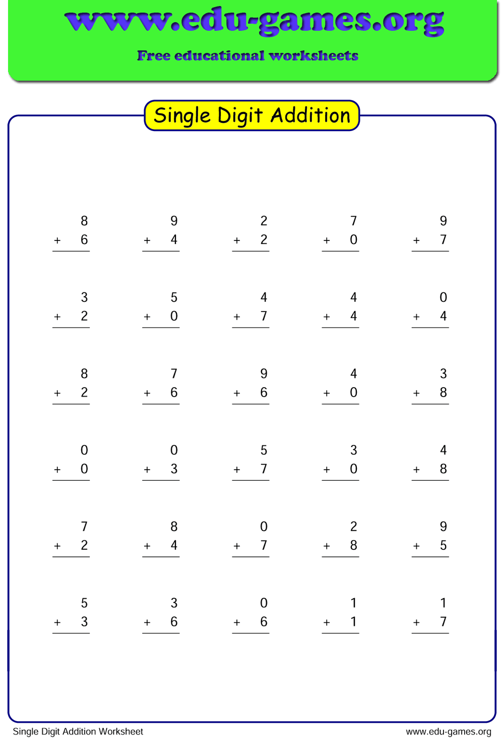 30 Single Digit Addition Worksheets Kindergarten