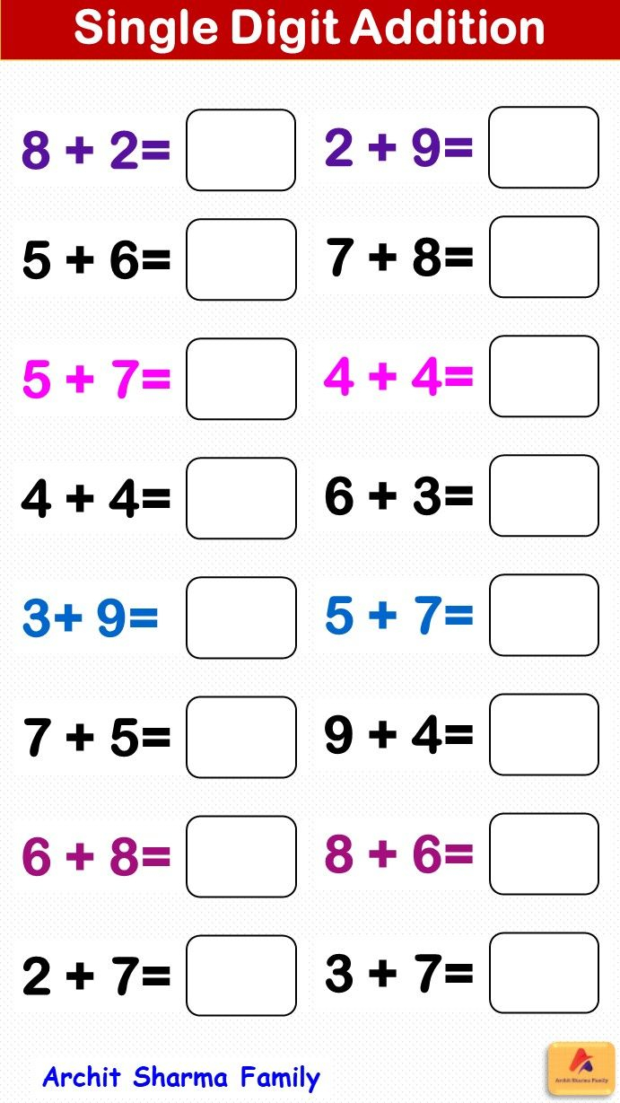 30 Single Digit Addition Worksheets Kindergarten