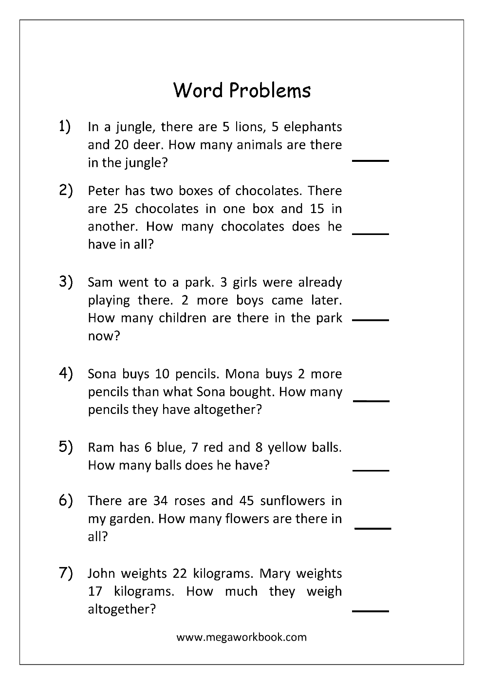 30 Word Problem Addition Worksheets Kindergarten