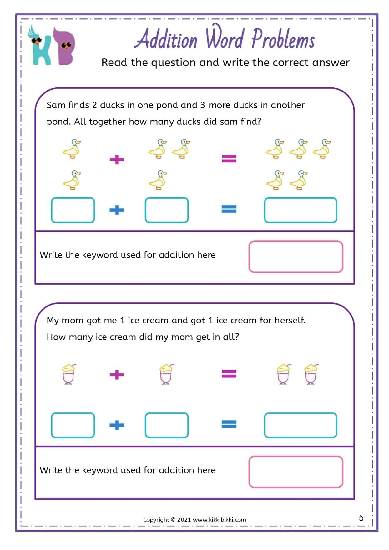 30 Word Problem Addition Worksheets Kindergarten