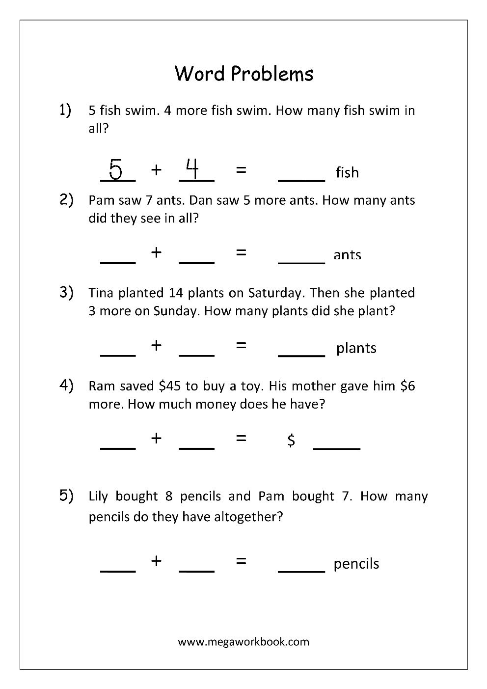 30 Word Problem Addition Worksheets Kindergarten