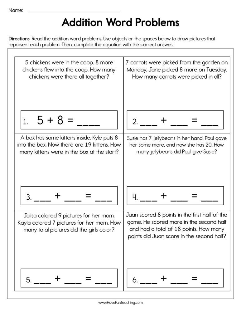 30 Word Problem Addition Worksheets Kindergarten